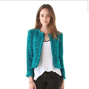 Alice + Olivia Gwen open collarless tweed jacket turquoise blue black sz M